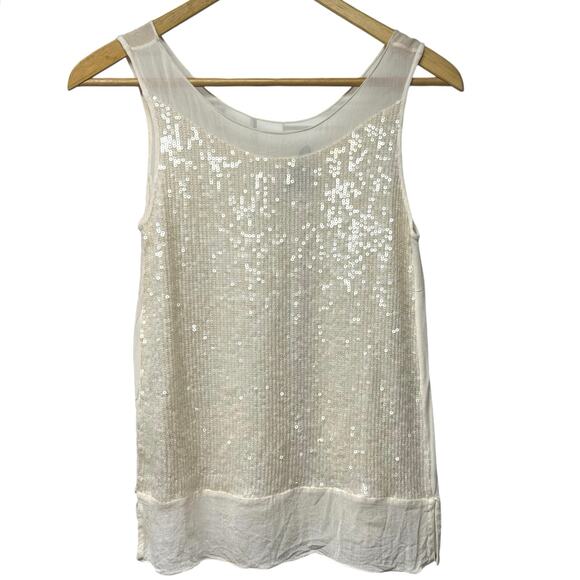 French Connection Chiffon Sequined Dressy Cream Off White Scoop Neck Tank Size 0 - Picture 2 of 4